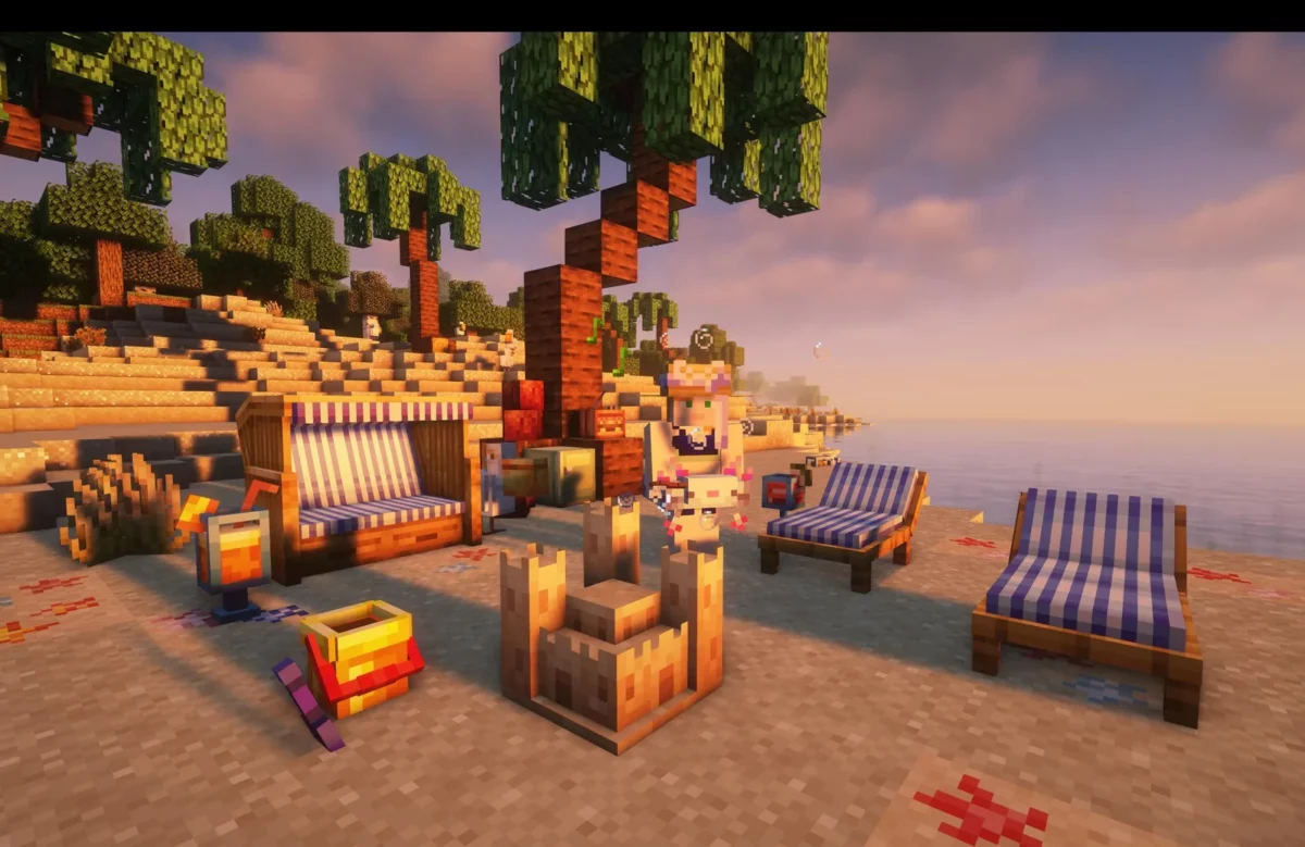 mod Minecraft Let's Do Beachparty personnage en tenue de plage devant un transat cabine et un château de sable au coucher du soleil