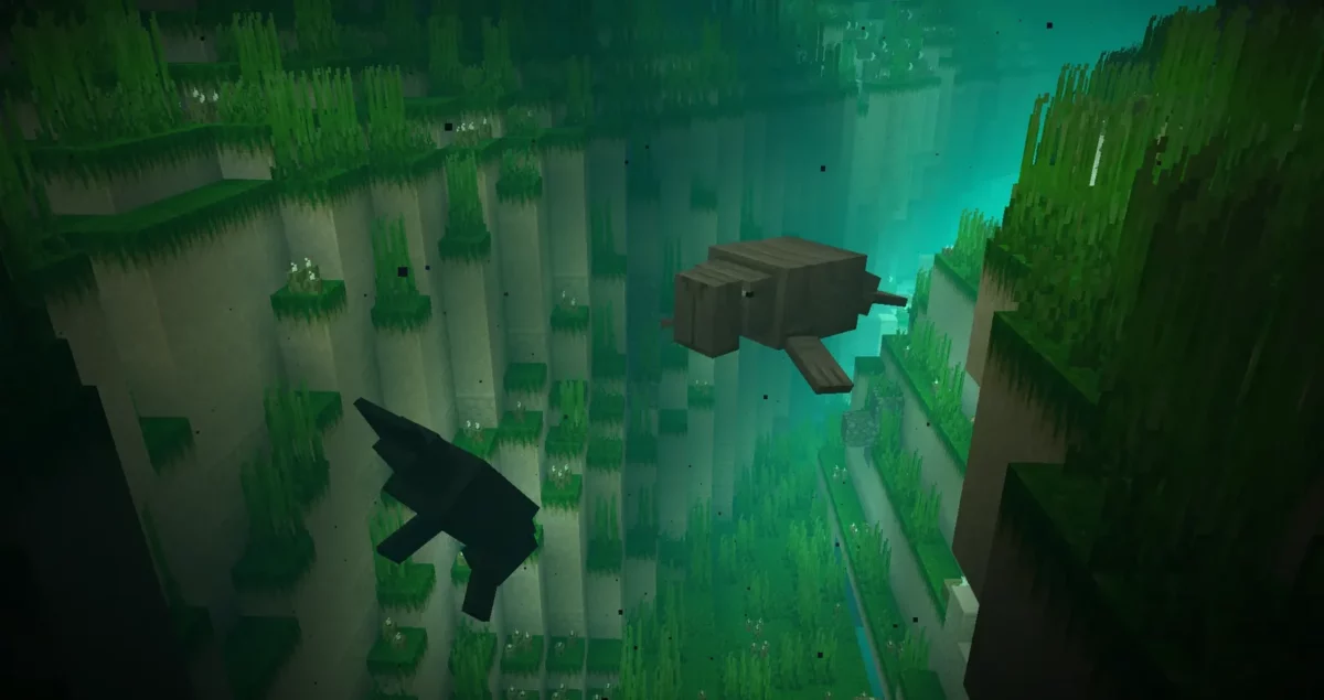 mod Minecraft Spawn vaches de mer nageant dans une prairie de seagrass profonde et lumineuse