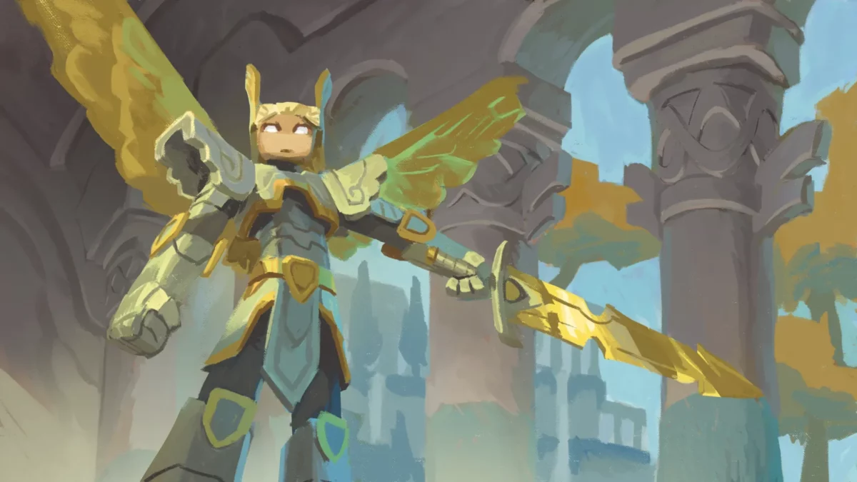 Concept art d'une Valkyrie en armure dorée et épée d'Aether Legends pour Minecraft Bedrock