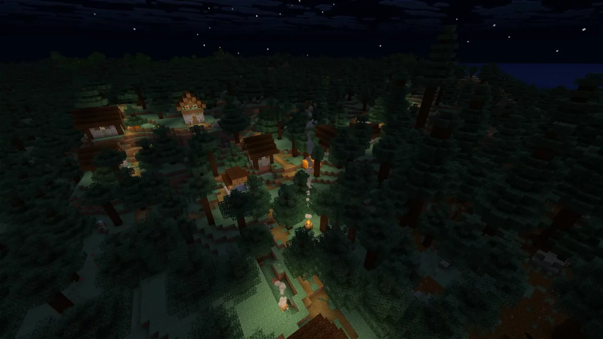 shader Minecraft I Like Vanilla village dans une forêt de taïga la nuit éclairé par des feux de camp