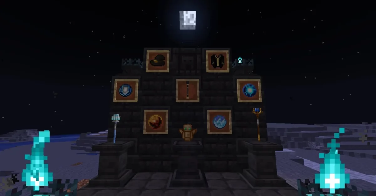 mod Minecraft Goety The Dark Arts mur de vitrine présentant chapeau robes focus bâtons et totem du mod