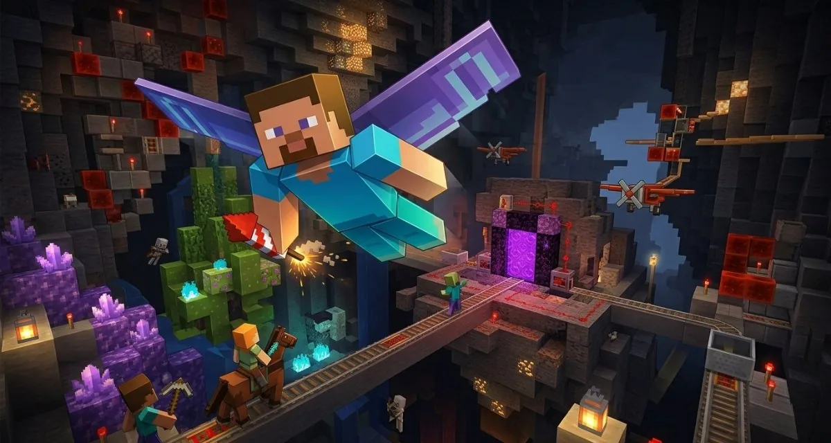 mod Minecraft Caelus API personnage en vol à l'élytre dans une caverne sombre