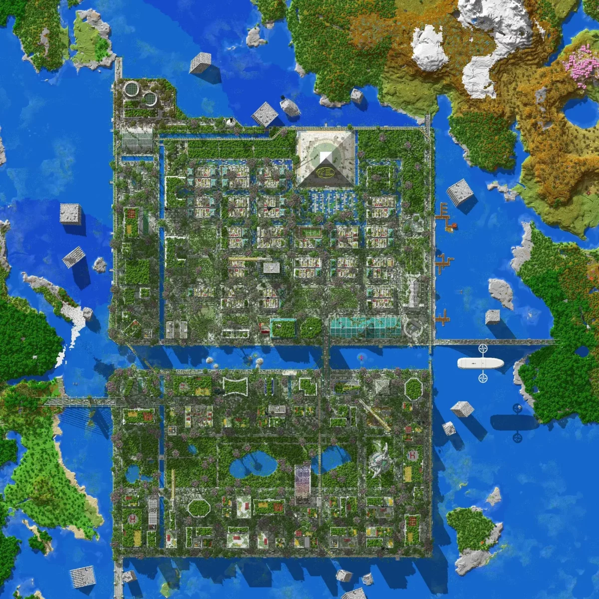 map Minecraft Mosslorn vue aerienne de la cite abandonnee de 1000 blocs sur 1000 entouree d eau