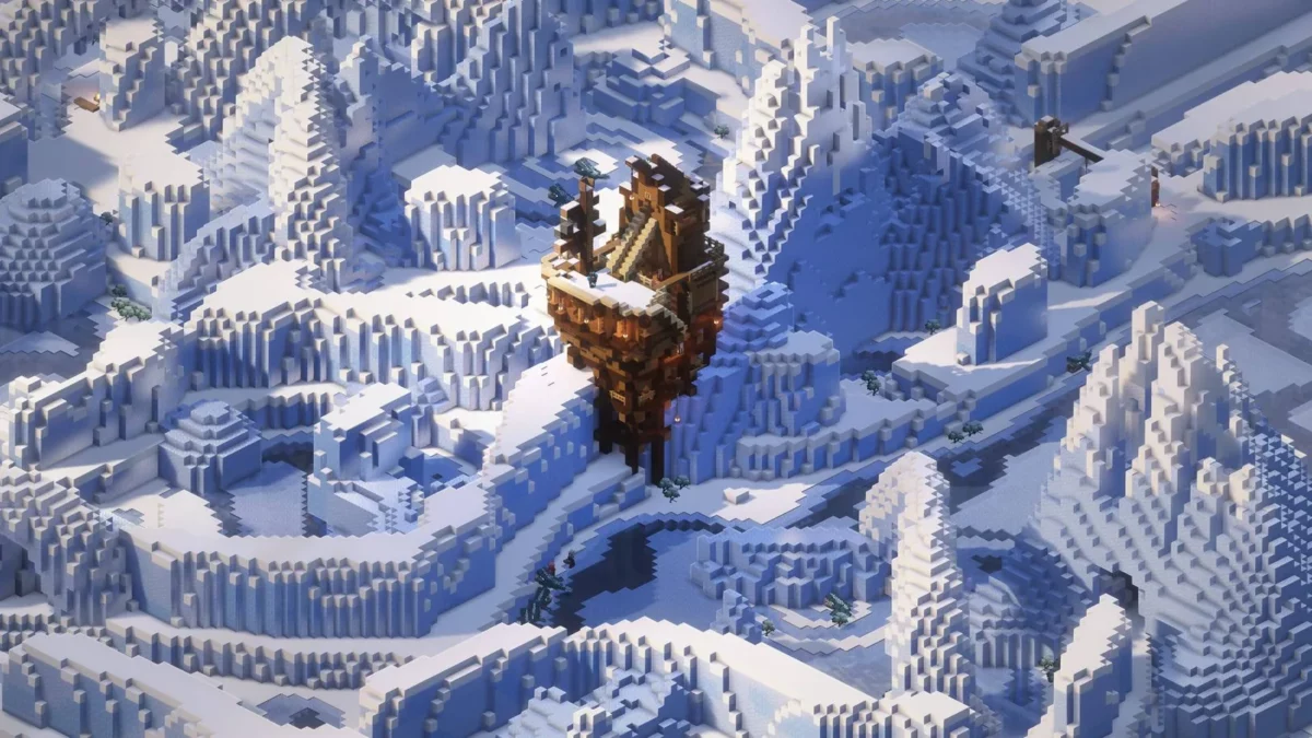 mod Minecraft Aquamirae vue aerienne d'un grand navire en bois echoue dans le labyrinthe de glace