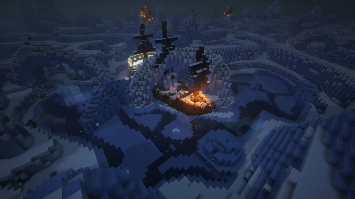 mod Minecraft Aquamirae vue aerienne nocturne d'un grand navire echoue eclaire par ses lanternes au centre du labyrinthe