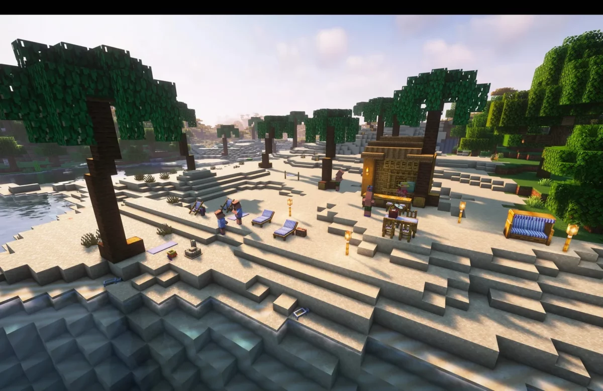 mod Minecraft Let's Do Beachparty vue large d'une plage aménagée avec palmiers chaises longues et villageois