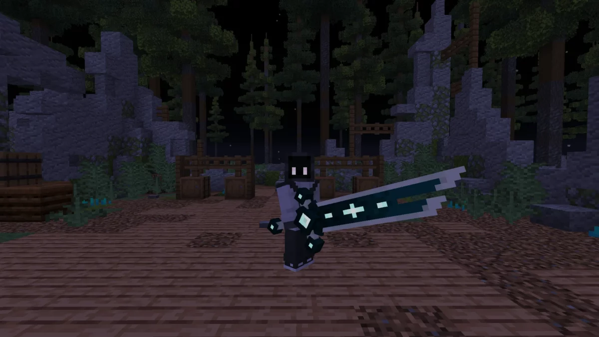 Warden Executioner du mod Minecraft Boss Blades 2.0 tenue par un personnage dans une forêt sombre