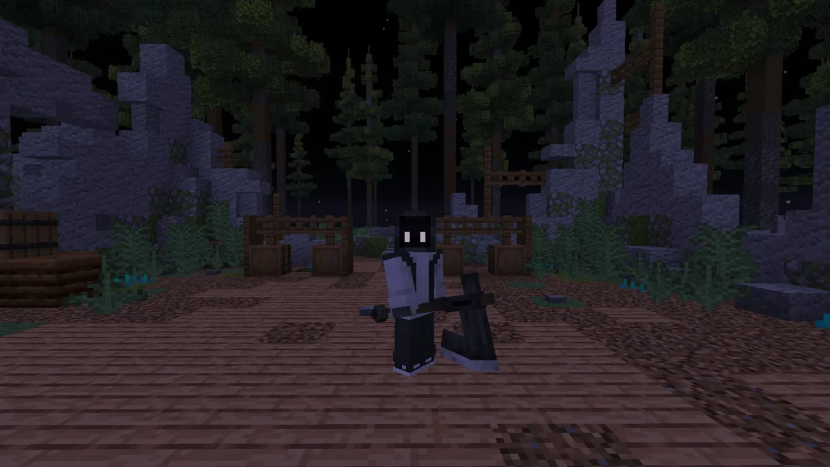 Wither Battle Axe du mod Minecraft Boss Blades 2.0 tenue par un personnage dans une forêt sombre