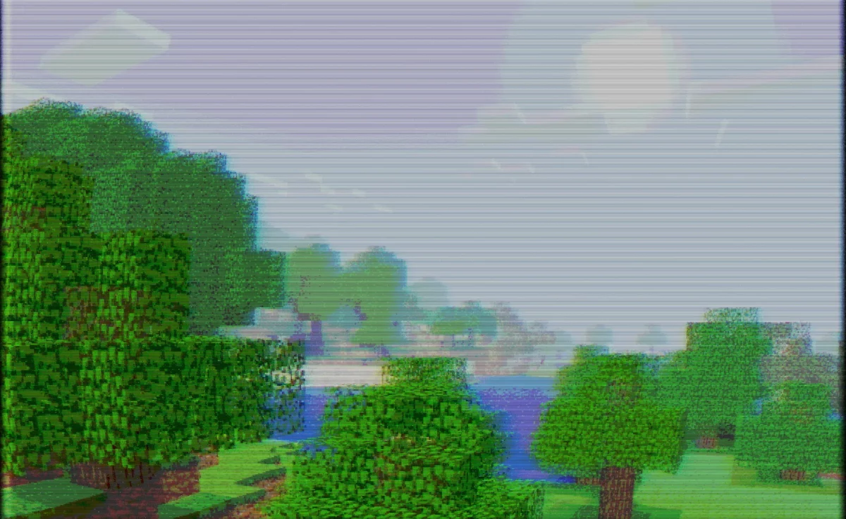 shader Minecraft CTR VCR filtre analogique appliqué à une scène de jeu ordinaire