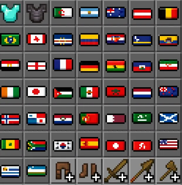 add-on Minecraft World Cup 2026 Kits grille de bannières aux drapeaux des nations qualifiées dans l'inventaire créatif
