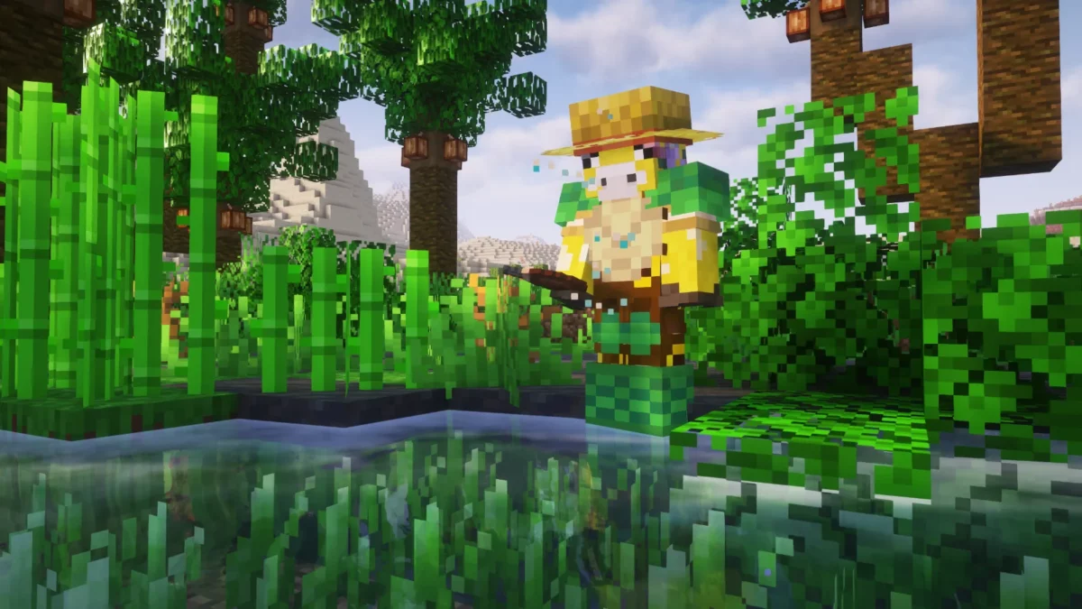 mod Minecraft Scorchful joueur en armure de tortue et chapeau de soleil buvant de l'eau dans une oasis