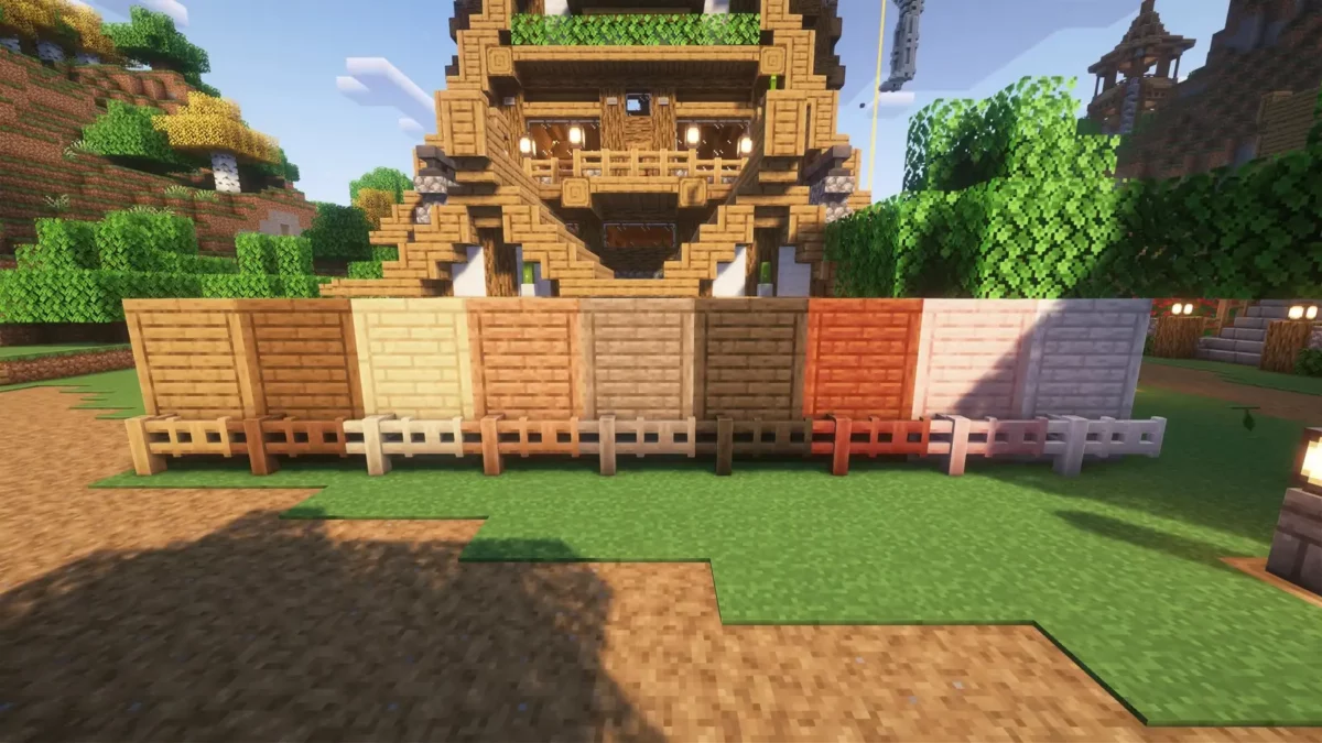 pack de texture Minecraft Enhanced rangee de planches de bois connectees aux couleurs variees devant un grand batiment