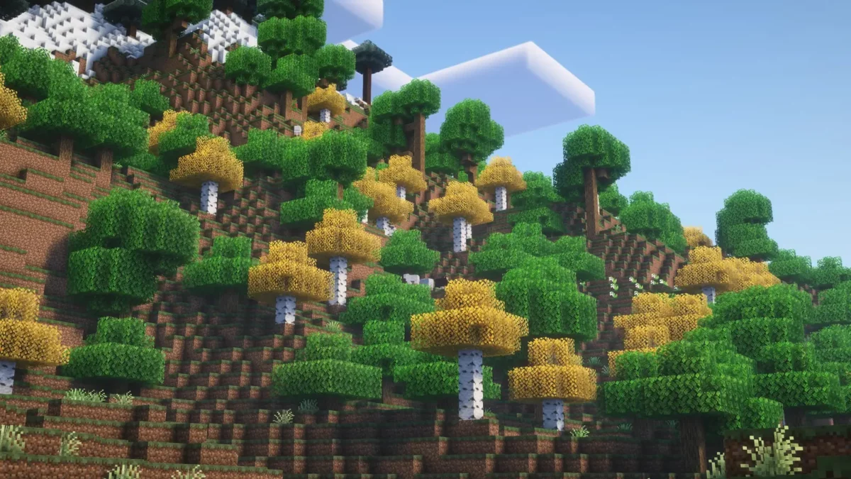 pack de texture Minecraft Enhanced bouleaux et chenes aux feuillages verts et dores sur un flanc de colline