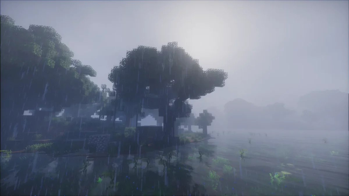 shader Minecraft Spring Shaders brouillard volumétrique enveloppant un grand arbre dans une plaine au petit matin