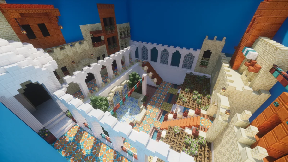 shader Minecraft Spring Shaders cour intérieure d'un château en pierre éclairée en plein jour