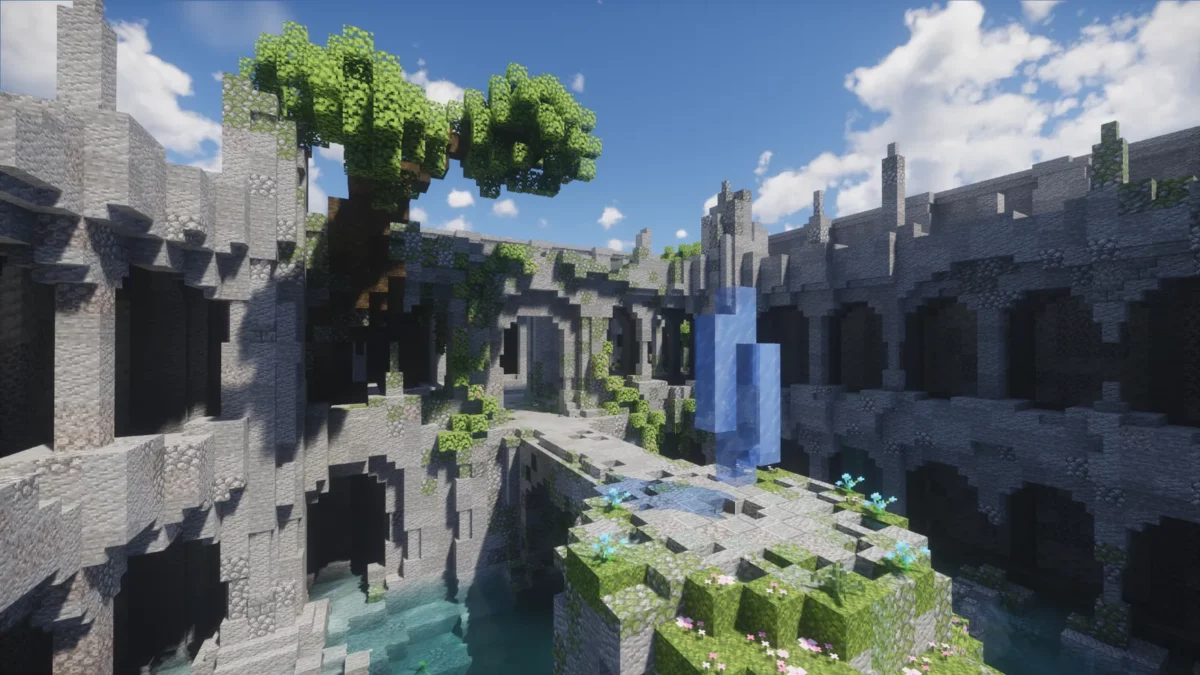 shader Minecraft Spring Shaders grande construction avec jardins et cascades rendue sous un éclairage diurne