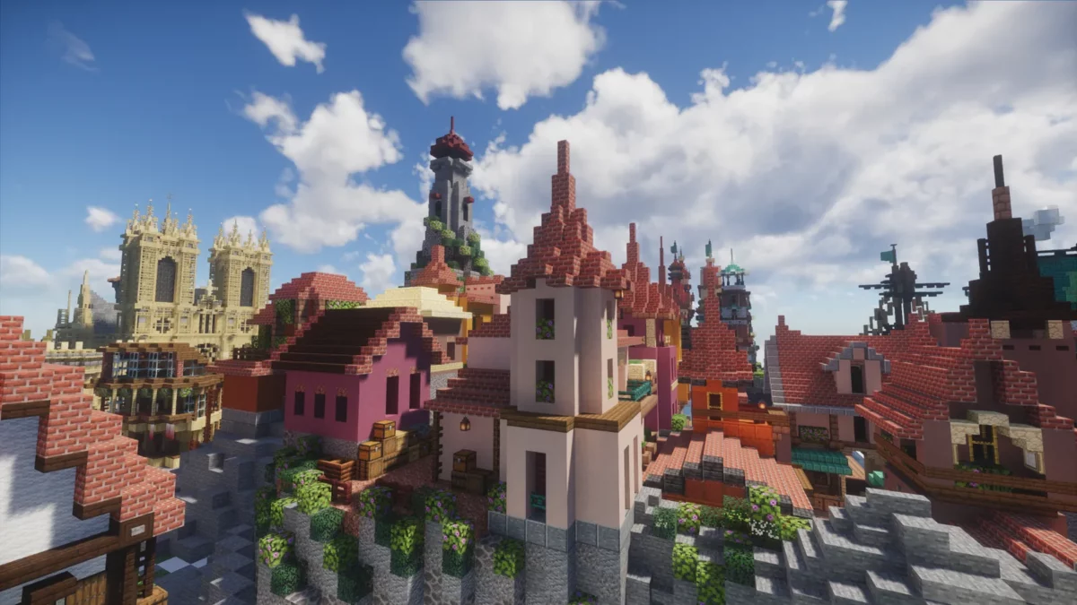shader Minecraft Spring Shaders ville médiévale aux toits colorés sous un ciel bleu nuageux