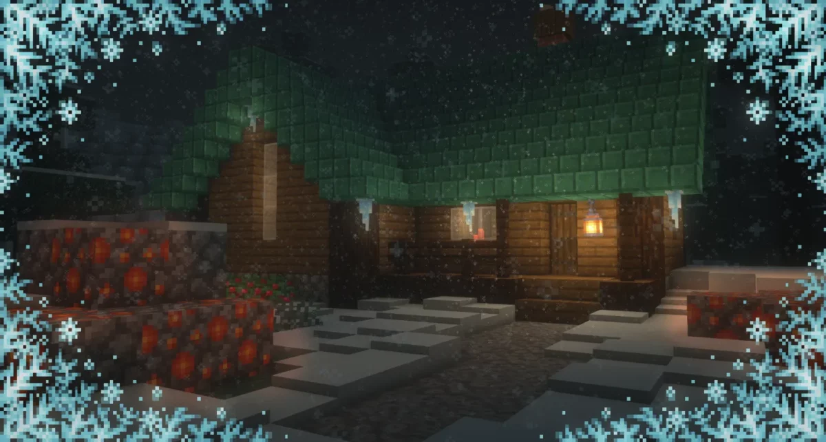mod Minecraft Frostiful cabane en bois éclairée par une lanterne sous la neige dans une nuit froide
