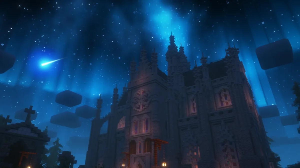 shader Minecraft Fantasy Shaders Reimagined ciel nocturne étoilé d'un bleu profond avec aurores