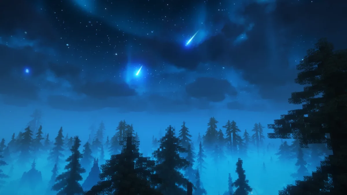 shader Minecraft Fantasy Shaders Unbound ciel nocturne étoilé d'un bleu profond avec aurores