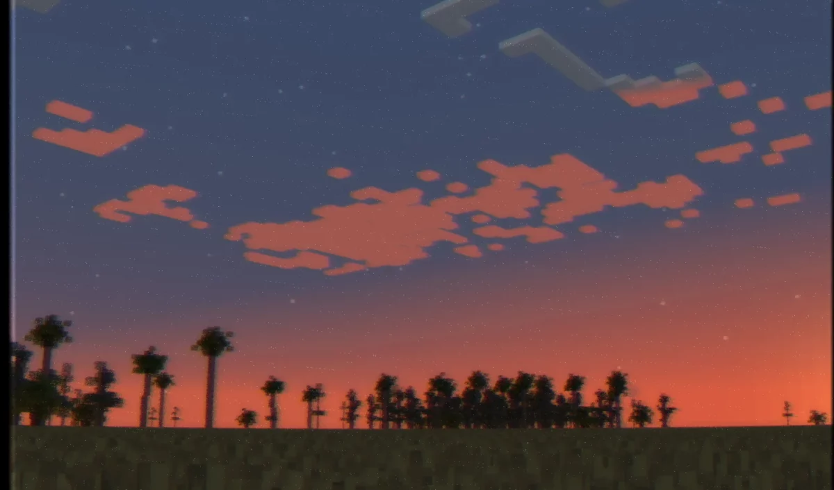shader Minecraft CTR VCR coucher de soleil où l'aberration chromatique ressort sur les contrastes