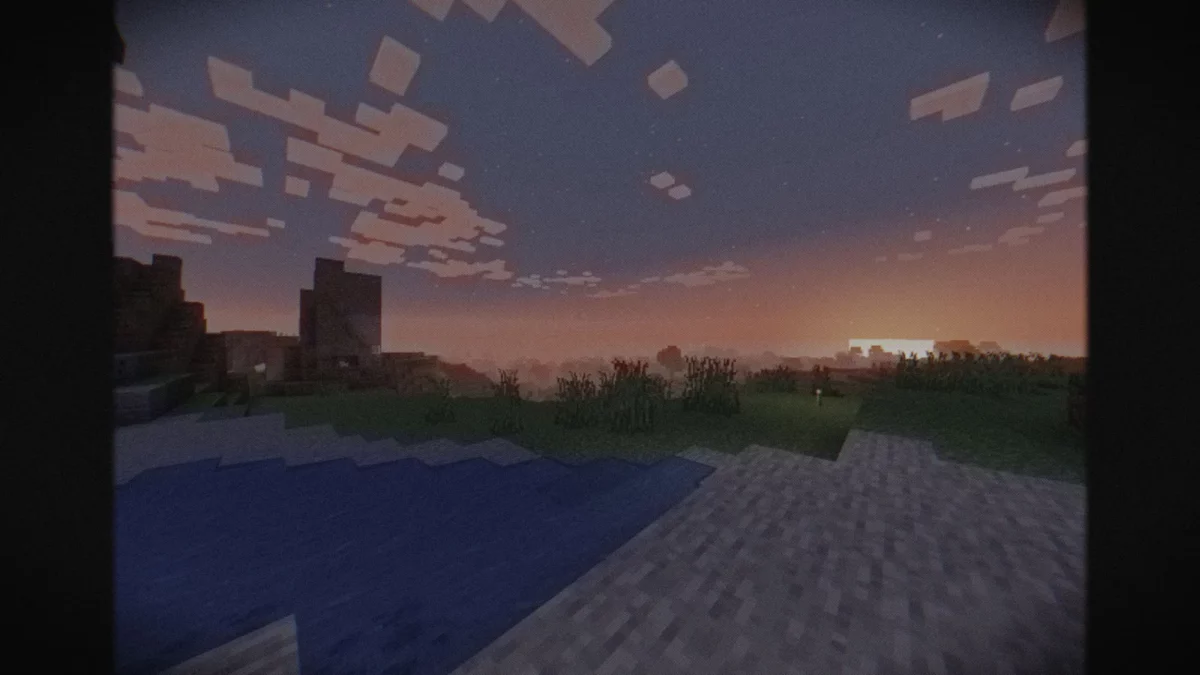 shader Minecraft Cursed Fog coucher de soleil où la tension reste portée par le filtre et le brouillard