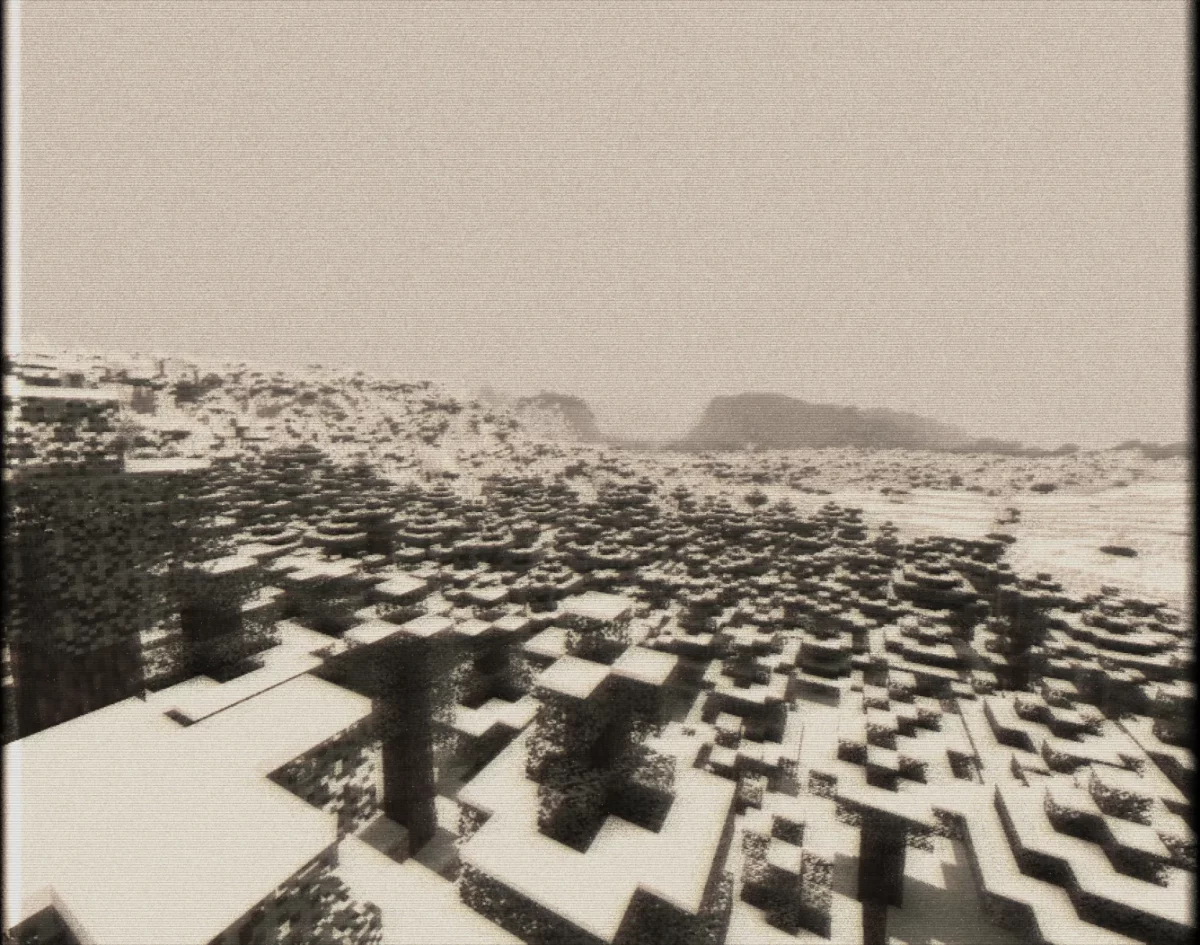 shader Minecraft CTR VCR rendu rétro combiné au mod Distant Horizons pour la distance de vue