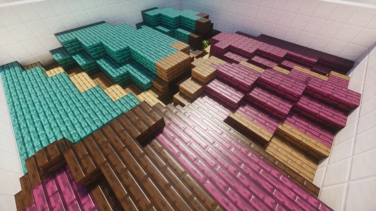 shader Minecraft Spring Shaders éclairage coloré par lancer de rayons se reflétant sur des blocs de laine et de l'eau