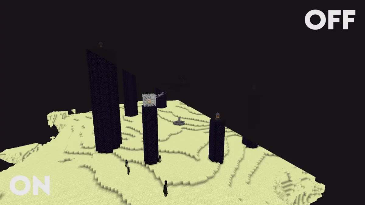 shader Minecraft Clarity dimension de l'End baignée dans une lumière uniforme sans zone d'ombre