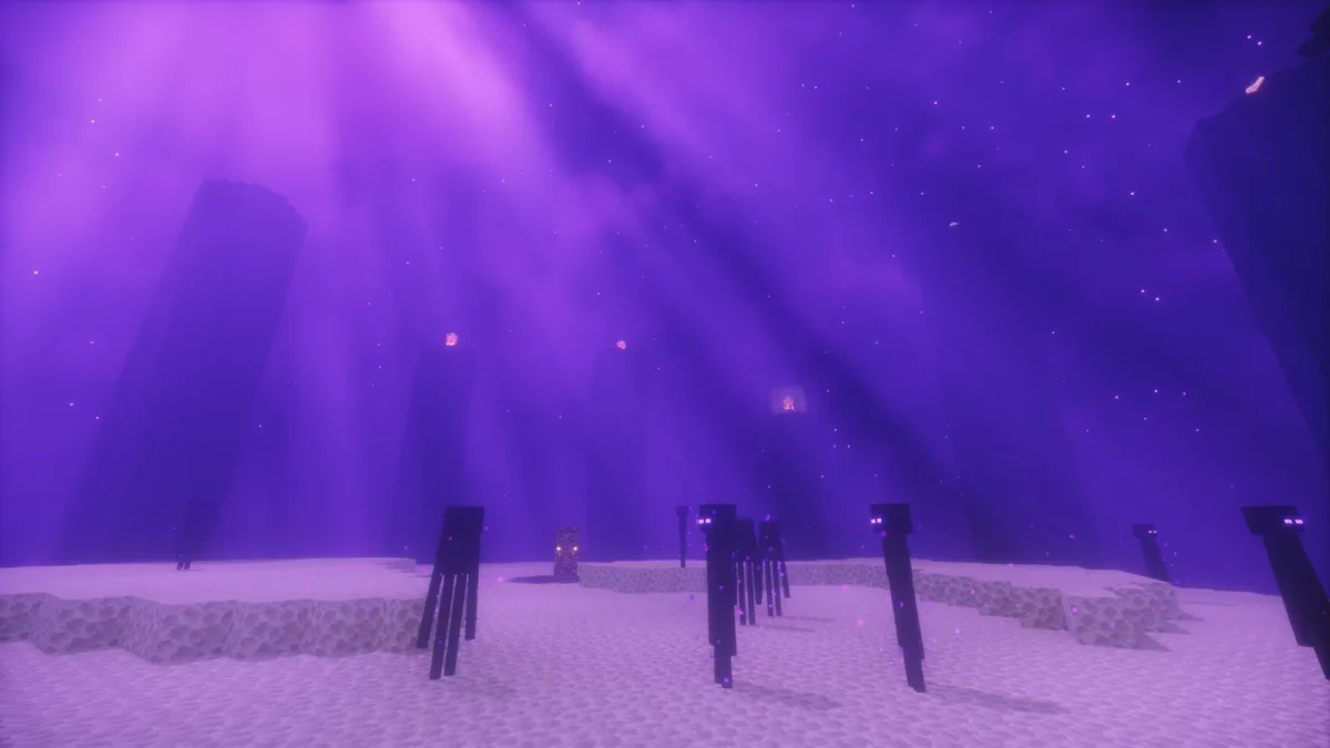 shader Minecraft Spring Shaders End baigné d'une lumière violette avec des rayons traversant le vide