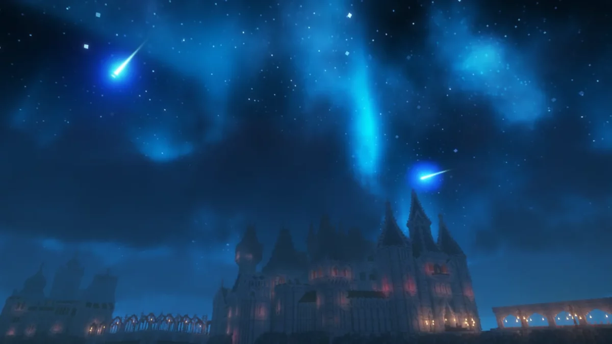 shader Minecraft Fantasy Shaders Unbound étoiles filantes traversant le ciel nocturne du jeu