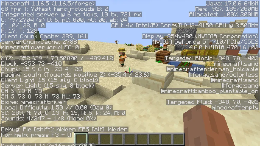 mod Minecraft ModernFix écran de debug F3 montrant le jeu tournant avec seulement 200 Mo de mémoire allouée
