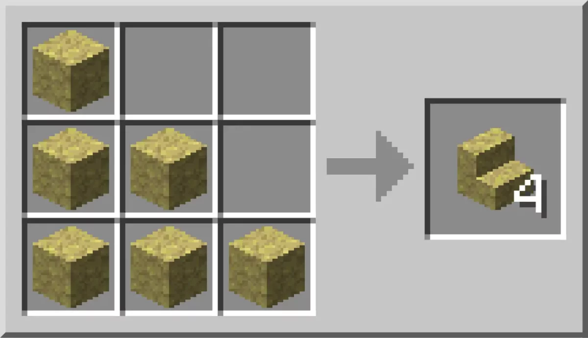 recette Minecraft de l'escalier de soufre disposée en gradin avec six blocs pour quatre escaliers