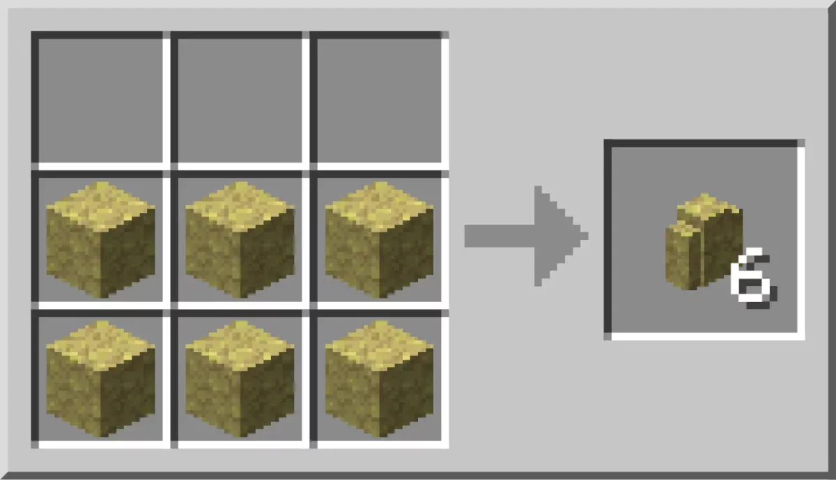 recette Minecraft du muret de soufre avec six blocs sur les deux rangées basses de la grille