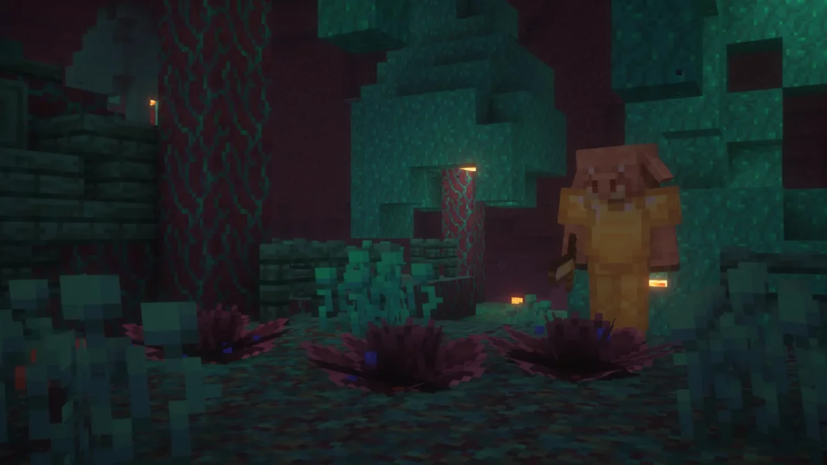mod Minecraft Scorchful piglin gardant un parterre de lys déformés dans une forêt déformée du Nether