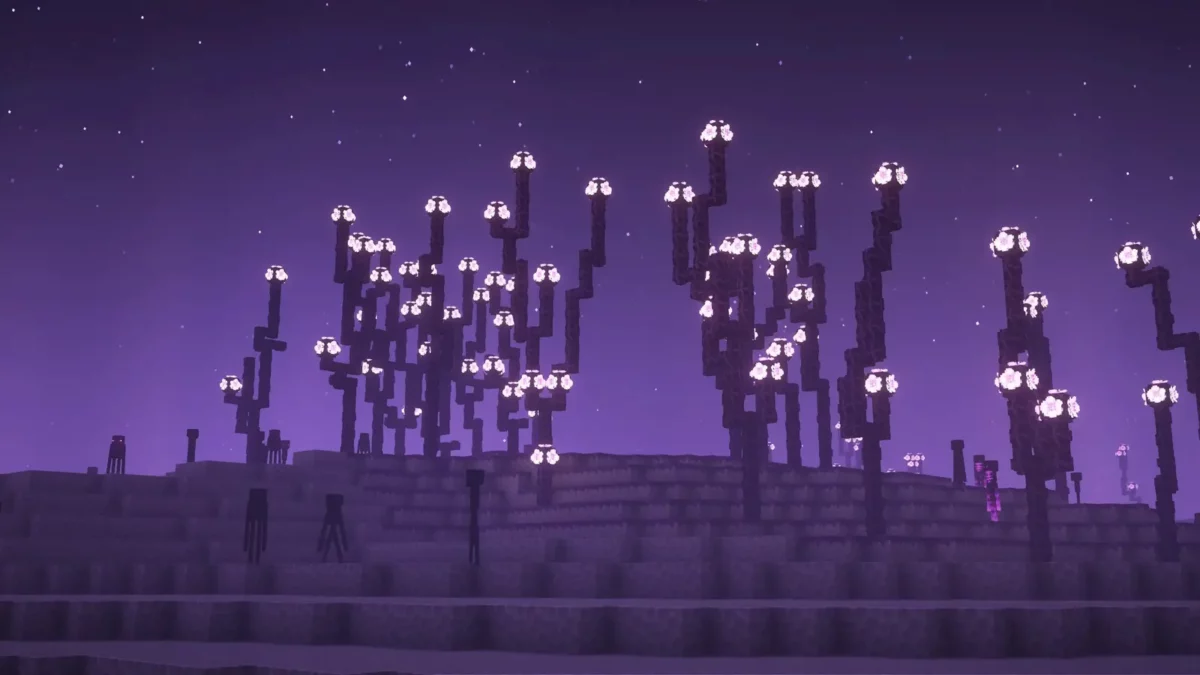 pack de texture Minecraft Enhanced plantes de chorus en fleurs aux tetes lumineuses roses sous un ciel violet de l'End