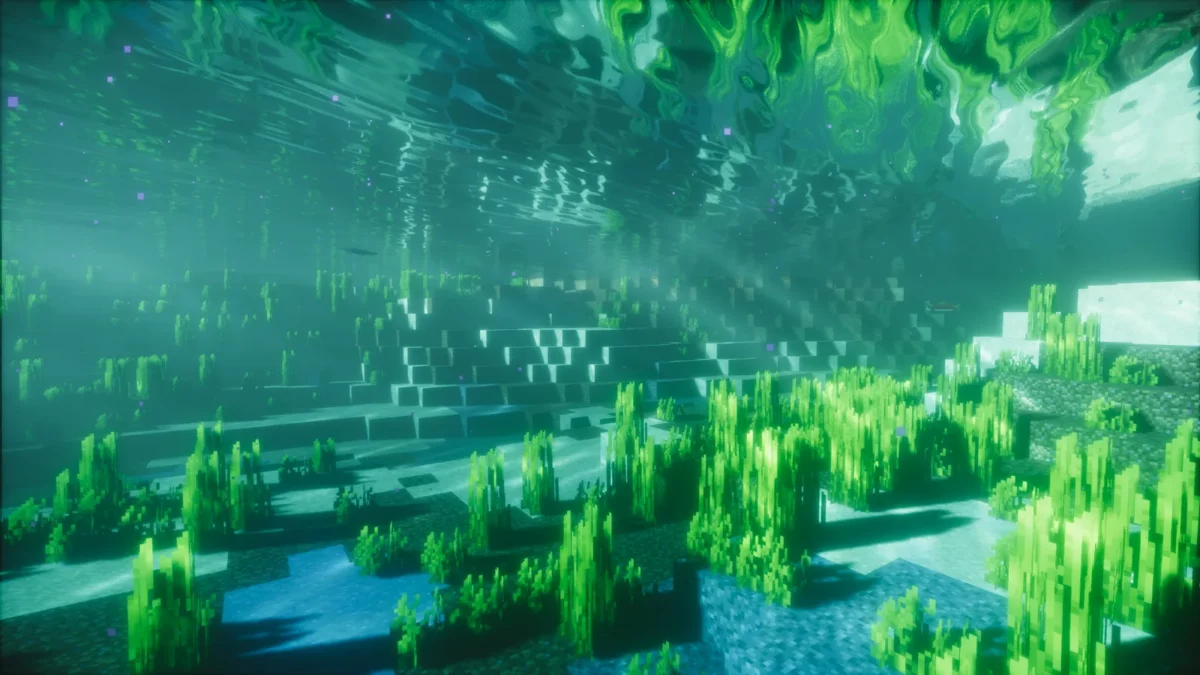 shader Minecraft Spring Shaders fonds sous-marins verts avec rayons de lumière et effets de volume dans l'eau