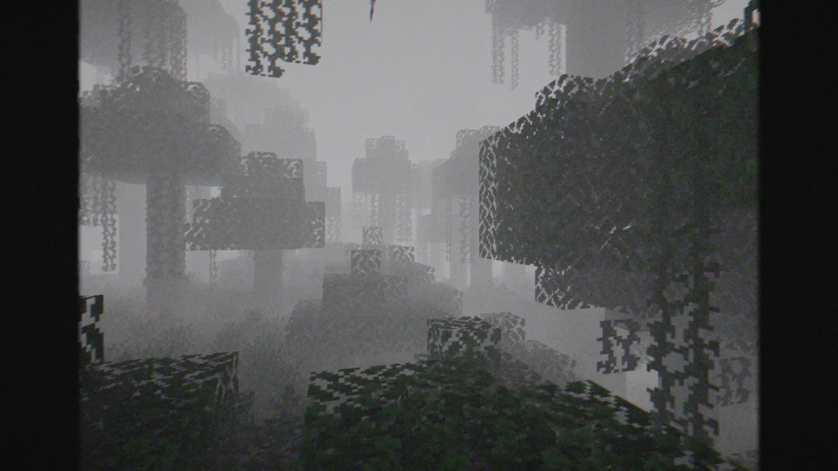 shader Minecraft Cursed Fog forêt rendue inquiétante par un brouillard épais et du grain