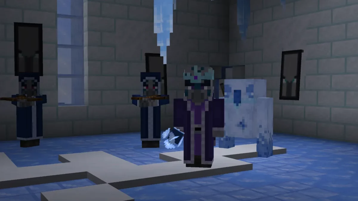 mod Minecraft Frostiful le Frostologer entouré d'un capitaine Chillager d'un Chillager et d'un Biter