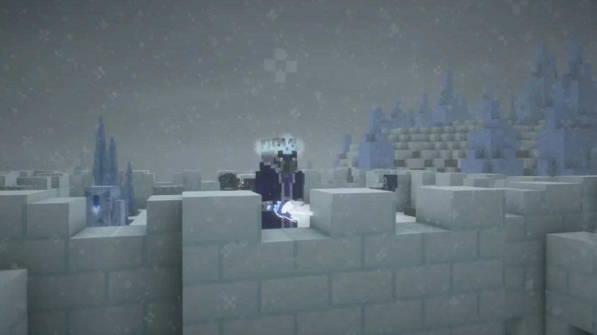 mod Minecraft Frostiful le Frostologer surveille les remparts de son château de neige sous un ciel sombre