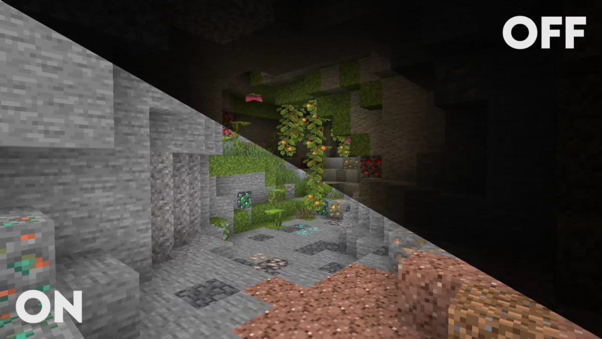 shader Minecraft Clarity grotte sombre rendue parfaitement lisible sans aucune source de lumière