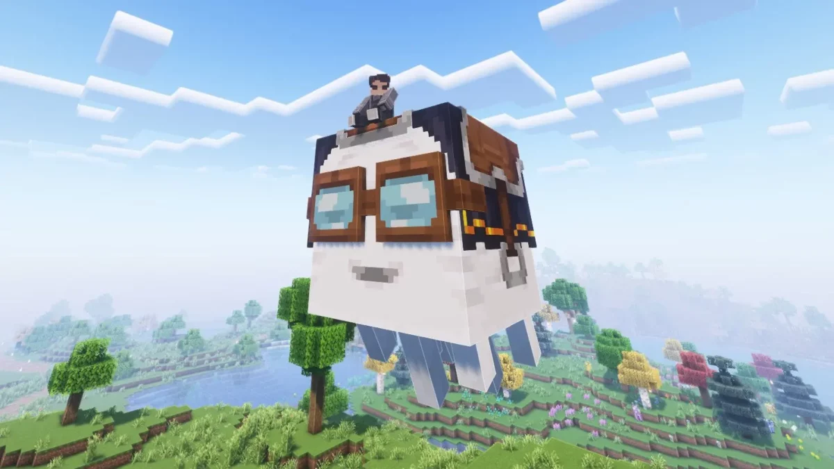 pack de texture Minecraft Enhanced happy ghast blanc transportant un joueur au-dessus d'un paysage colore