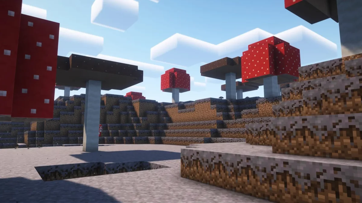 pack de texture Minecraft Enhanced champignons rouges geants dresses sur une ile aux falaises de terre et de pierre
