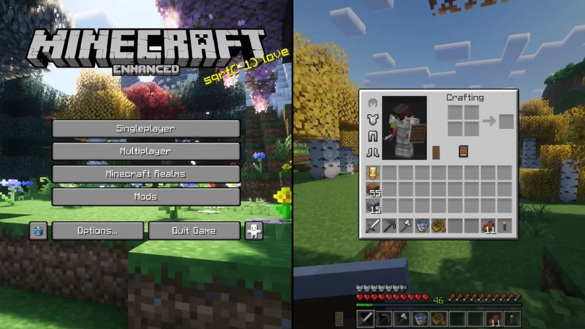 pack de texture Minecraft Enhanced menu principal et inventaire affichant une interface epuree et une police personnalisee