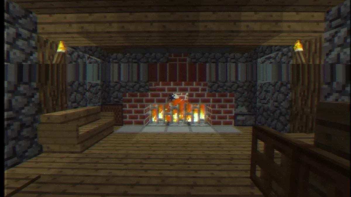 shader Minecraft CTR VCR intérieur d'une maison où les lignes de balayage restent discrètes