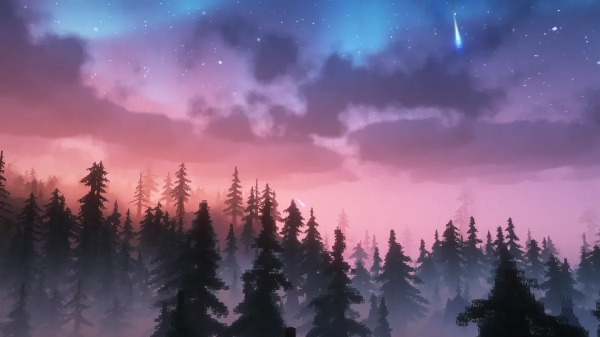shader Minecraft Fantasy Shaders Unbound lever de soleil aux tons pastel avec des étoiles filantes