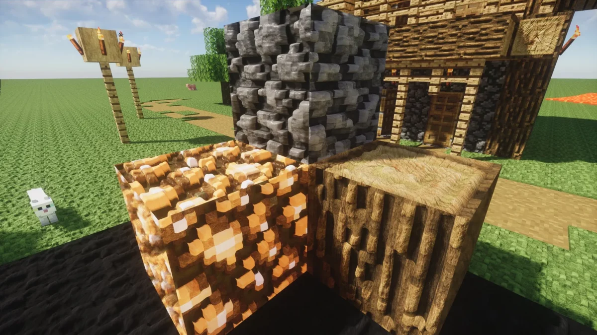shader Minecraft Spring Shaders sources de lumière colorée éclairant un mur de briques de pierre en intérieur