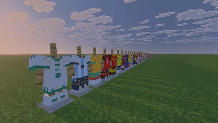 add-on Minecraft World Cup 2026 Kits maillots de l'Argentine et d'autres sélections exposés sur supports d'armure
