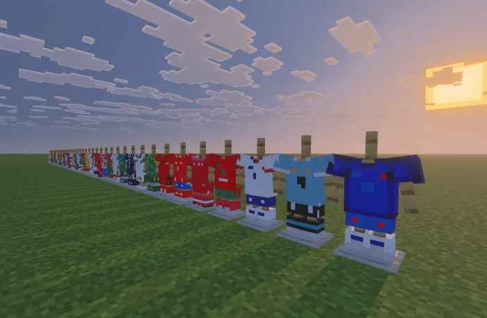 add-on Minecraft World Cup 2026 Kits gros plan sur les maillots bleus et rouges des sélections au coucher du soleil