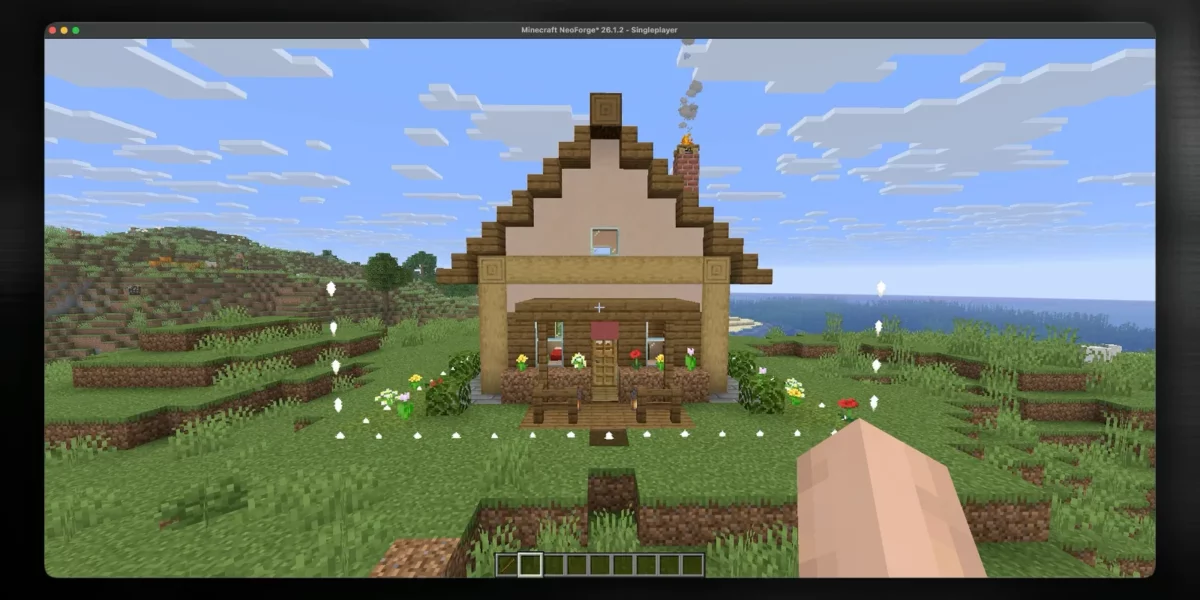 mod Minecraft Minedit maison en bois générée par une IA à partir d'une description, posée sur une colline herbeuse